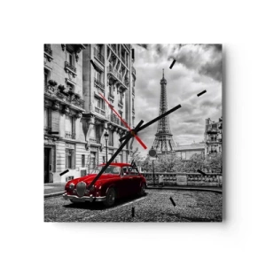 Wanduhr - Glasuhr - Ein rotes Auto mit dem Eiffelturm im Hintergrund in einer schwarz-weißen Umgebung - 30x30cm - Raubtier in der Stadt - Moderne Wanddekoration für Wohnzimmer und Schlafzimmer ARTTOR