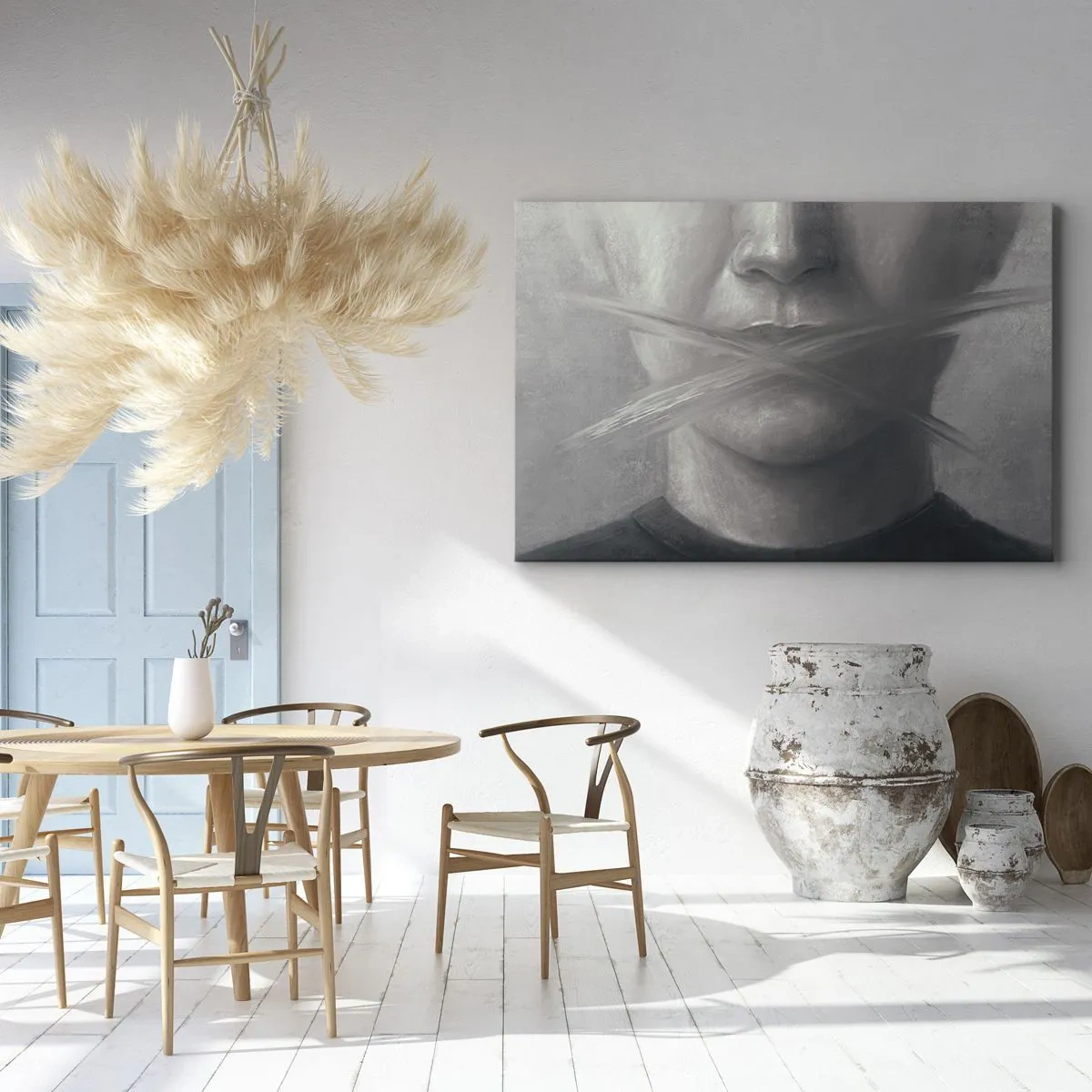 Bild auf Leinwand - Leinwandbild - Ein symbolisches Porträt mit verschwommenen Lippen in Grautönen. - 70x50cm - Ohne ein Wort - Moderne Wanddekoration für Wohnzimmer und Schlafzimmer ARTTOR