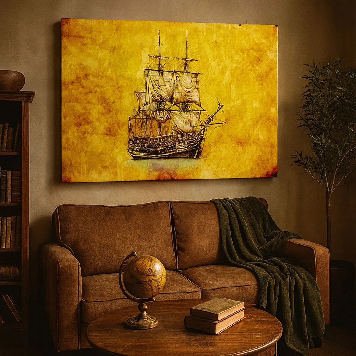Bild auf Leinwand - Leinwandbild - Eine stilisierte Zeichnung eines Segelschiffs auf goldenem Hintergrund mit Vintage-Feeling. - 70x50cm - Richtung Tortuga! - Moderne Wanddekoration für Wohnzimmer und Schlafzimmer ARTTOR