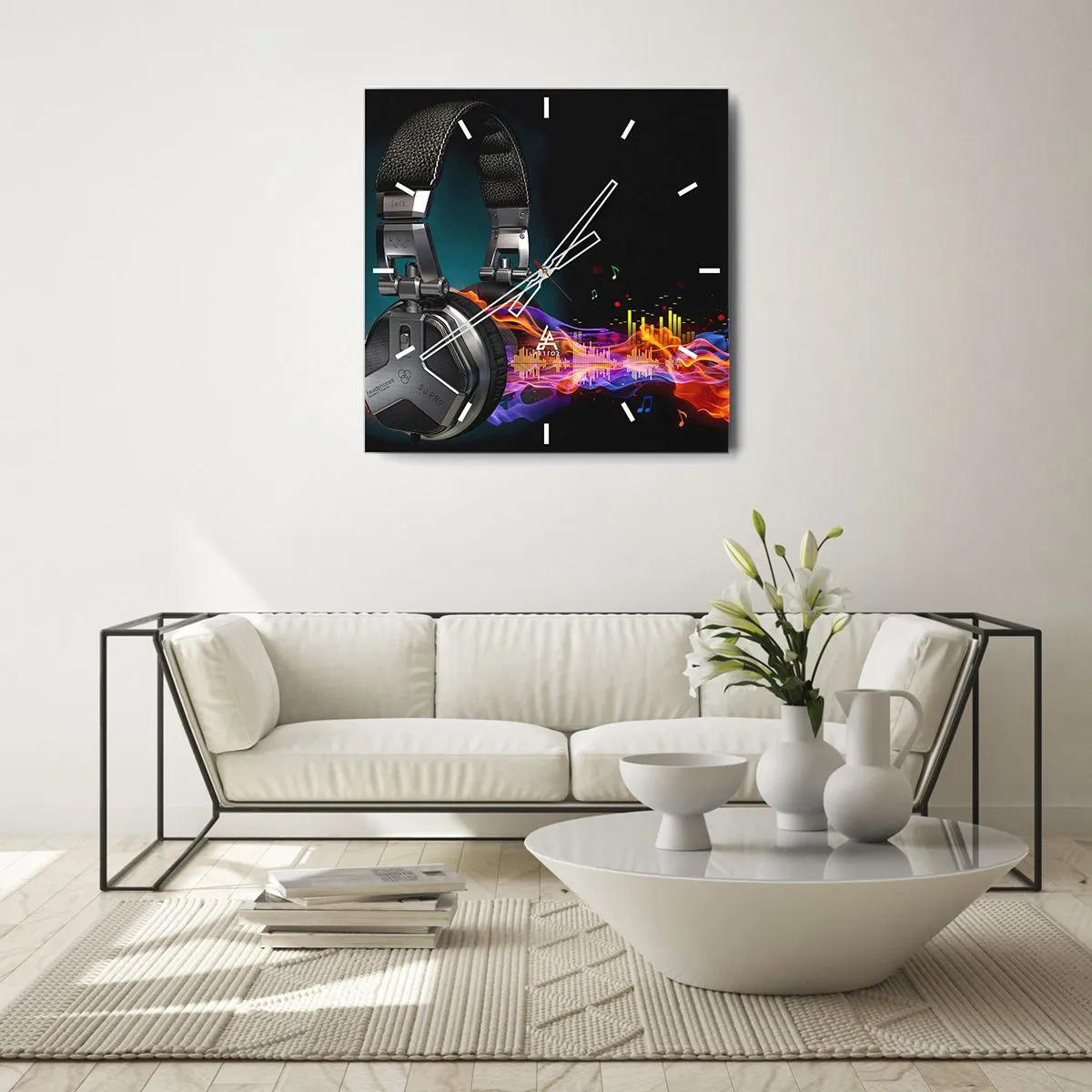 Wanduhr - Glasuhr - Schwarze Kopfhörer mit farbenfrohem Musikvisualisierungseffekt - 30x30cm - Feuer der Musik - Moderne Wanddekoration für Wohnzimmer und Schlafzimmer ARTTOR