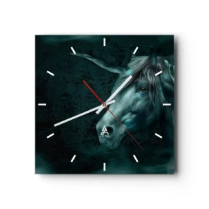 Wanduhr - Glasuhr - Ein magisches Einhorn in einem geheimnisvollen, dunklen Wald mit Fantasiefarben. - 30x30cm - In einem Märchenwald - Moderne Wanddekoration für Wohnzimmer und Schlafzimmer ARTTOR