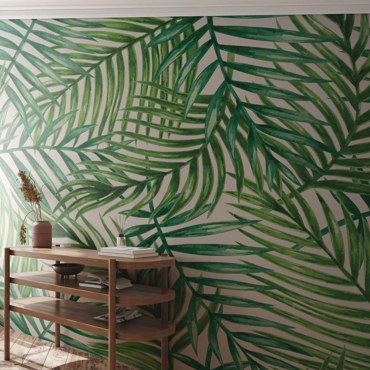 Fototapete Premium Sand - Grüne Palmblätter auf weißem Hintergrund - 100x70cm - Unter dem grünen Baldachin - Moderne Wanddekoration für Wohnzimmer und Schlafzimmer ARTTOR