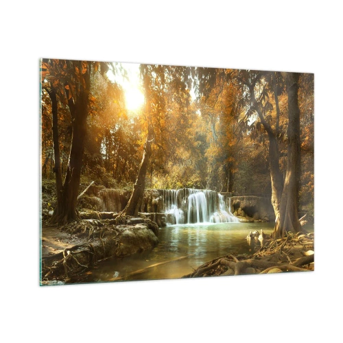 Glasbild - Bild auf glas - Ein Wasserfall in einem Park, umgeben von Bäumen in Herbstfarben - 100x70cm - Parkkaskade - Moderne Wanddekoration für Wohnzimmer und Schlafzimmer ARTTOR