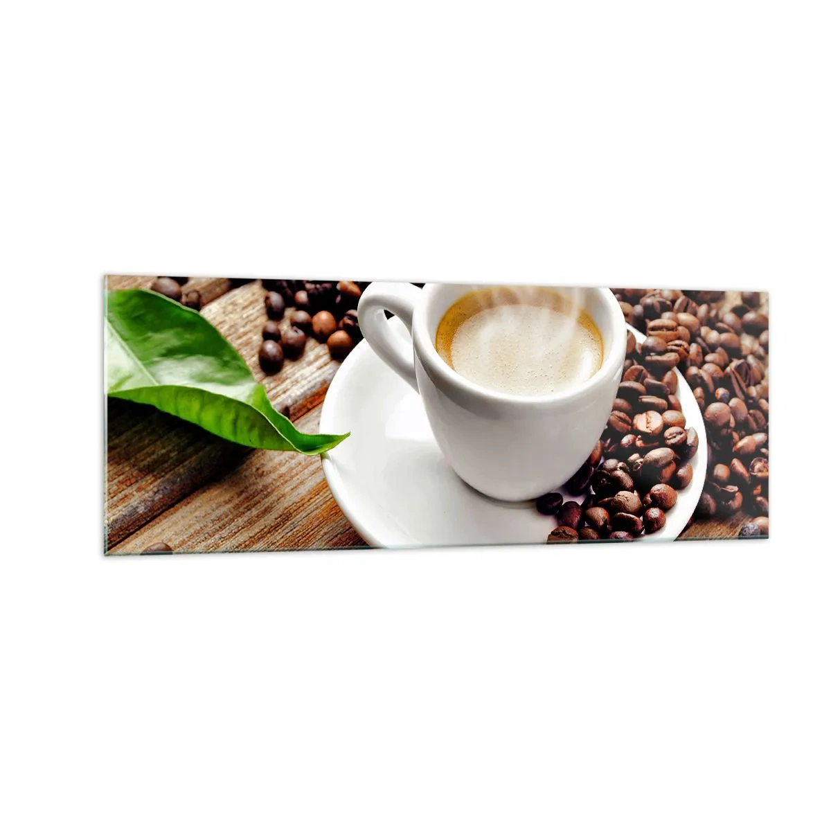 Glasbild - Bild auf glas - Eine Tasse aromatischen Kaffee vor dem Hintergrund von Bohnen und einem Blatt - 140x50cm - Kaffee auf der Bank - Moderne Wanddekoration für Wohnzimmer und Schlafzimmer ARTTOR