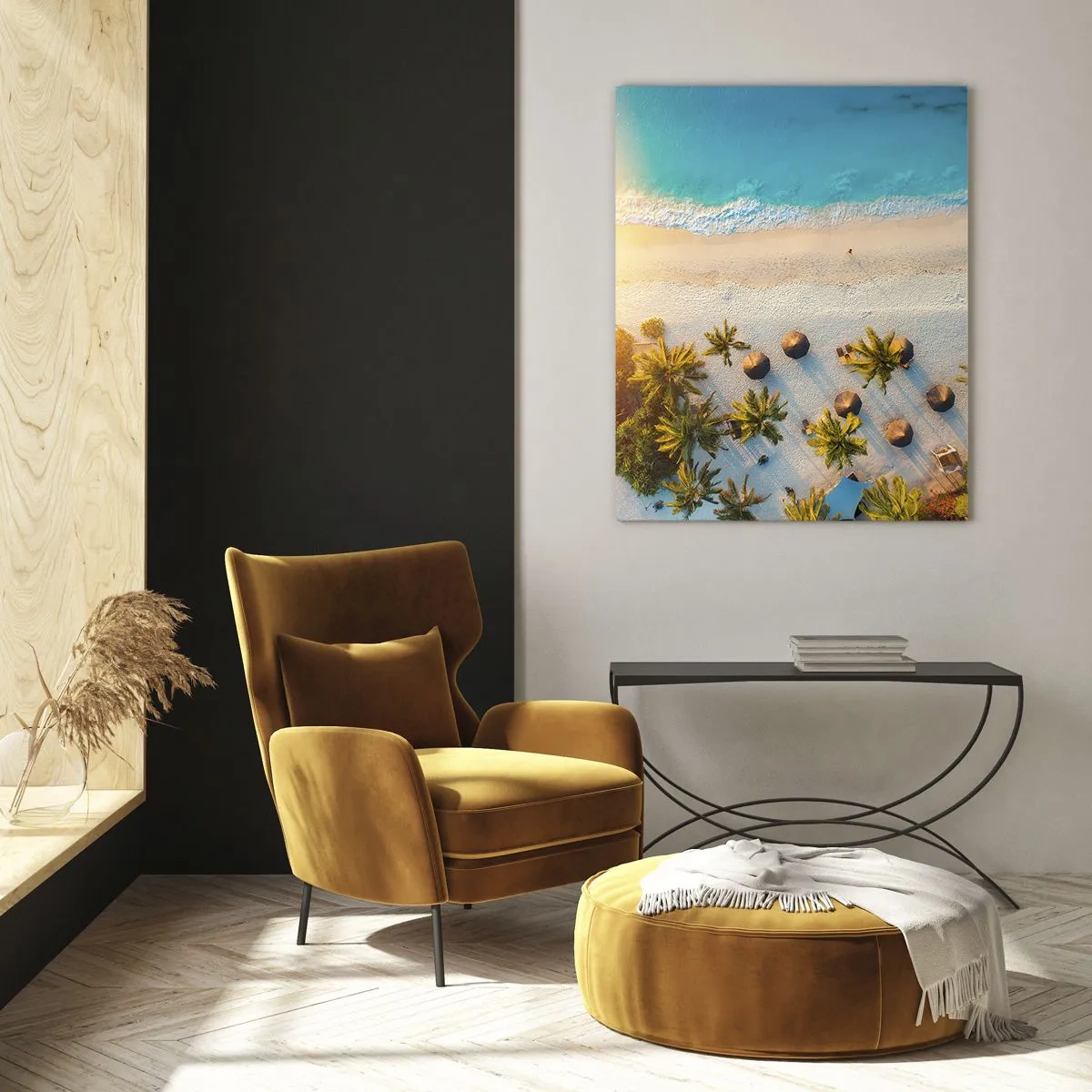 Glasbild - Bild auf glas - Blick auf einen tropischen Strand mit Palmen und türkisfarbenem Meer - 80x120cm - Willkommen im Paradies - Moderne Wanddekoration für Wohnzimmer und Schlafzimmer ARTTOR