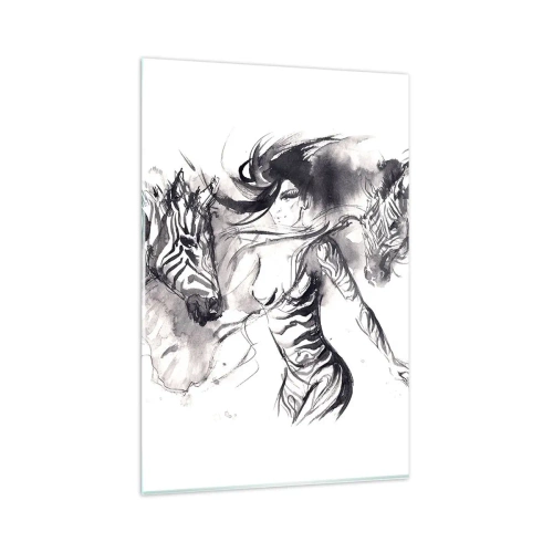 Glasbild - Bild auf glas - Eine Frau in einem dynamischen Tanz mit Zebras in einer Schwarz-Weiß-Ästhetik - 80x120cm - Tanzen mit den Zebras - Moderne Wanddekoration für Wohnzimmer und Schlafzimmer ARTTOR