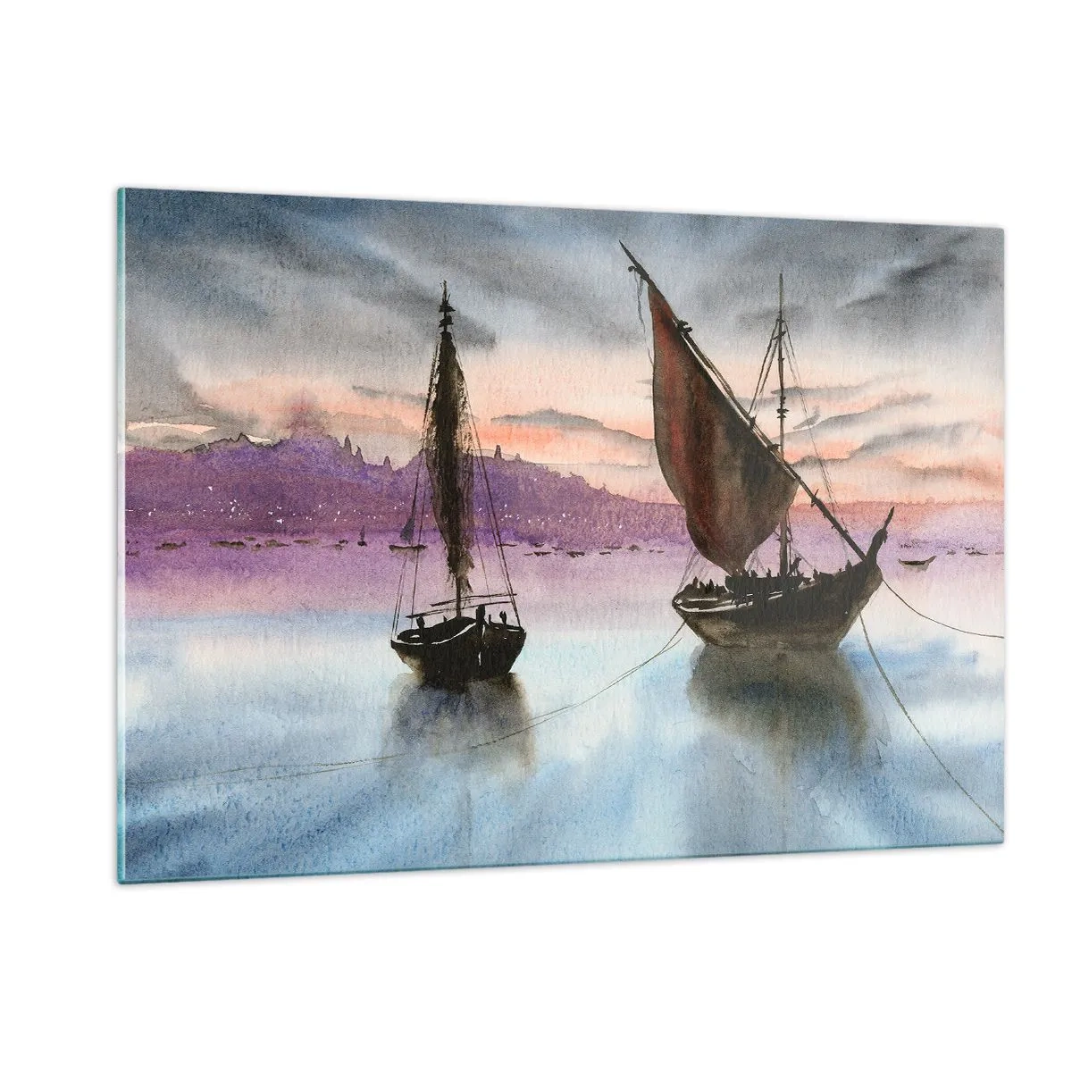 Glasbild - Bild auf glas - Zwei Segelboote auf ruhigem Wasser bei Sonnenuntergang - 120x80cm - Abend am Hafen - Moderne Wanddekoration für Wohnzimmer und Schlafzimmer ARTTOR