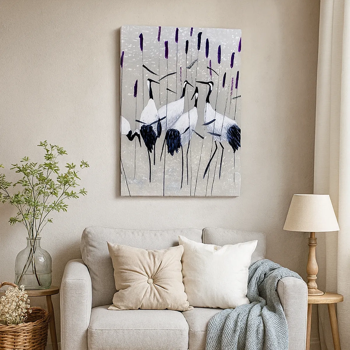 Bild auf Leinwand - Leinwandbild - Reiher im Gras vor einem friedlichen Hintergrund - 50x70cm - Unter ihren eigenen - Moderne Wanddekoration für Wohnzimmer und Schlafzimmer ARTTOR