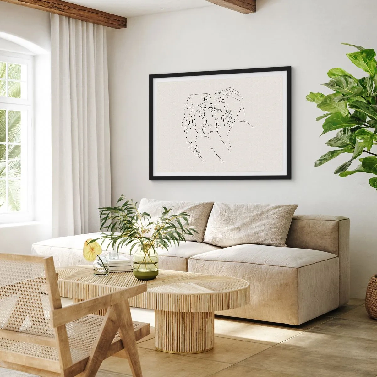 Poster in einem schwarzem Rahmen - Eine minimalistische Illustration eines Paares in einer liebevollen Umarmung - 100x70cm - Verstrickt im Gefühl - Moderne Wanddekoration für Wohnzimmer und Schlafzimmer ARTTOR