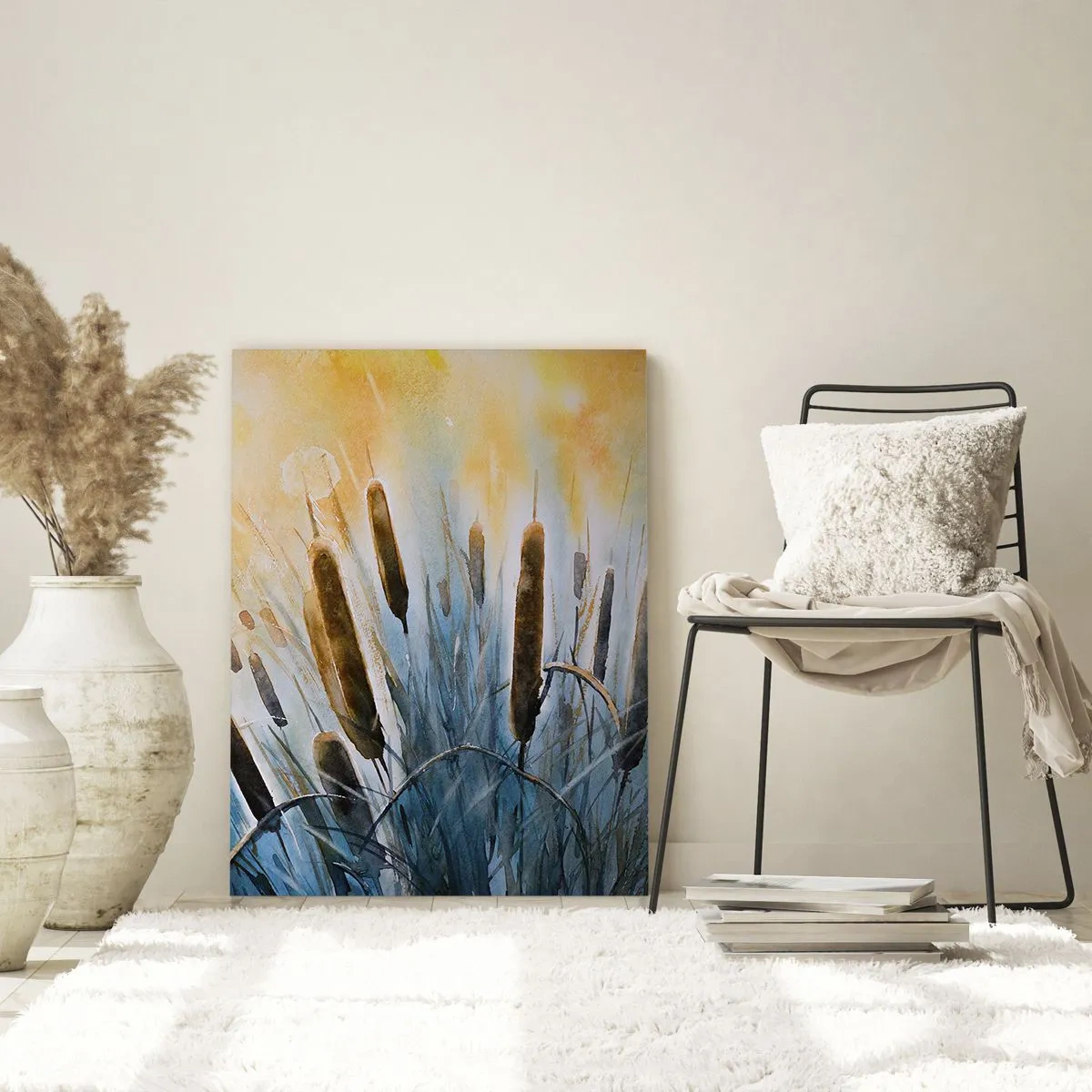 Glasbild - Bild auf glas - Malerisches Schilf in den Sonnenstrahlen - 70x100cm - Die Kälte des Wassers, die Hitze der Sonne - Moderne Wanddekoration für Wohnzimmer und Schlafzimmer ARTTOR