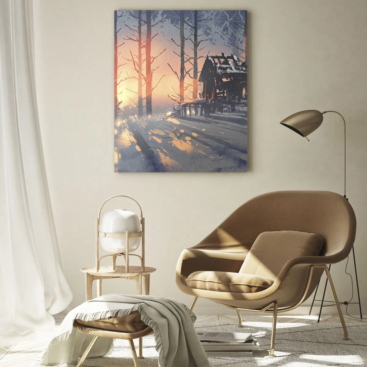 Glasbild - Bild auf glas - Ein Waldhäuschen in einer Winterlandschaft mit den Strahlen der untergehenden Sonne - 80x120cm - Hier sieht nur die Sonne rein - Moderne Wanddekoration für Wohnzimmer und Schlafzimmer ARTTOR