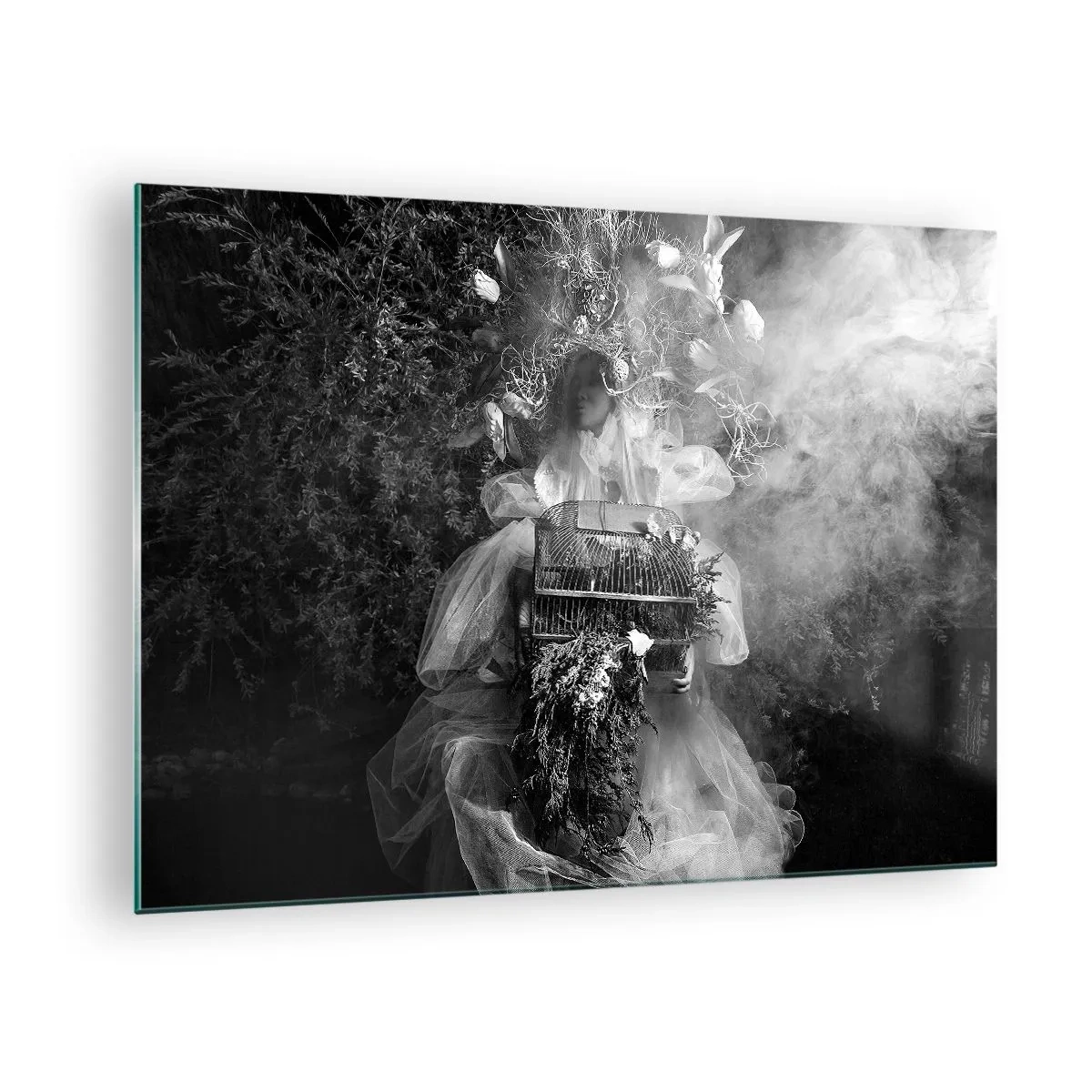 Glasbild - Bild auf glas - Frau im Tüll-Käfigkleid und Pflanzenkrone in Schwarz-Weiß - 70x50cm - Mutter selbst - Natur - Moderne Wanddekoration für Wohnzimmer und Schlafzimmer ARTTOR