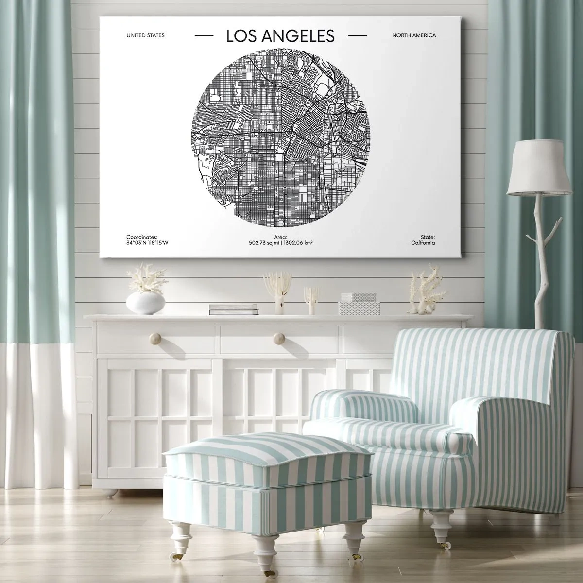Bild auf Leinwand - Leinwandbild - Eine Karte von Los Angeles im minimalistischen Schwarz-Weiß-Stil - 70x50cm - Anatomie von Los Angeles - Moderne Wanddekoration für Wohnzimmer und Schlafzimmer ARTTOR