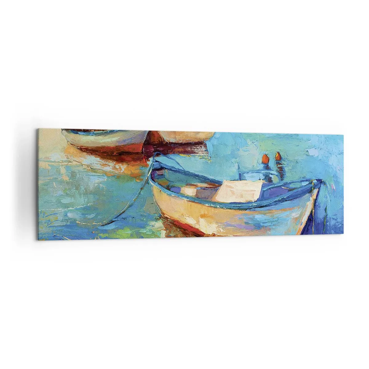 Bild auf Leinwand - Leinwandbild - Bunte Boote vertäut auf ruhigem Wasser - 160x50cm - In der südlichen Bucht - Moderne Wanddekoration für Wohnzimmer und Schlafzimmer ARTTOR