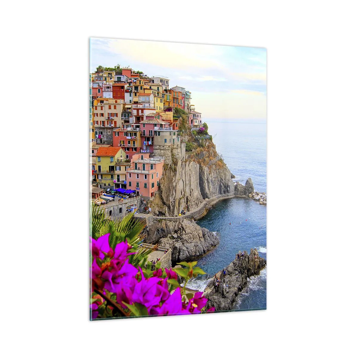 Glasbild - Bild auf glas - Bunte Häuser auf einer Klippe mit Blick auf das Meer - 50x70cm - Lachende Stadt - Moderne Wanddekoration für Wohnzimmer und Schlafzimmer ARTTOR