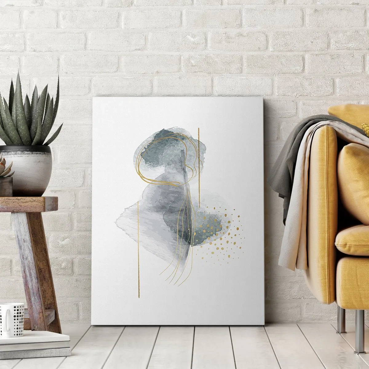 Bild auf Leinwand - Leinwandbild - Eine abstrakte Komposition in Türkis- und Goldtönen. - 70x100cm - Über das Verhältnis von Grau und Gold - Moderne Wanddekoration für Wohnzimmer und Schlafzimmer ARTTOR