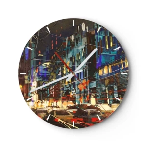 Wanduhr - Glasuhr - Eine farbenfrohe Zusammenfassung, die eine nächtliche Stadt darstellt - 30x30cm - Abendlicher Straßentrubel - Moderne Wanddekoration für Wohnzimmer, Küche und Schlafzimmer ARTTOR