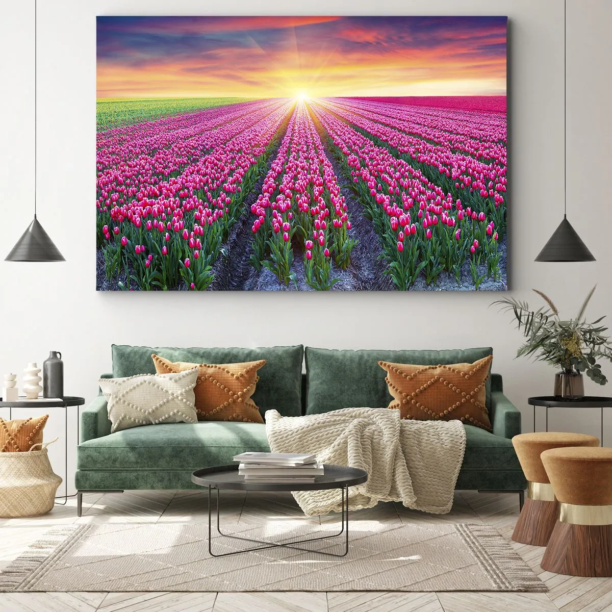 Bild auf Leinwand - Leinwandbild - Ein Tulpenfeld bei Sonnenuntergang - 70x50cm - Schönheitsfarm - Moderne Wanddekoration für Wohnzimmer und Schlafzimmer ARTTOR