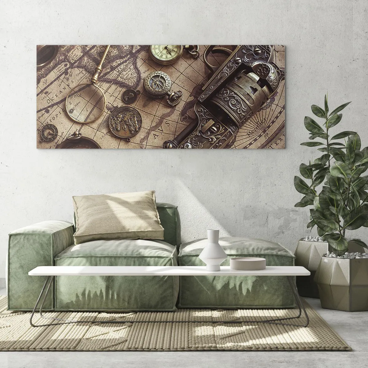 Glasbild - Bild auf glas - Antike Gegenstände auf einer alten Karte im Retro-Stil - 140x50cm - Das Abenteuer ruft - Moderne Wanddekoration für Wohnzimmer und Schlafzimmer ARTTOR