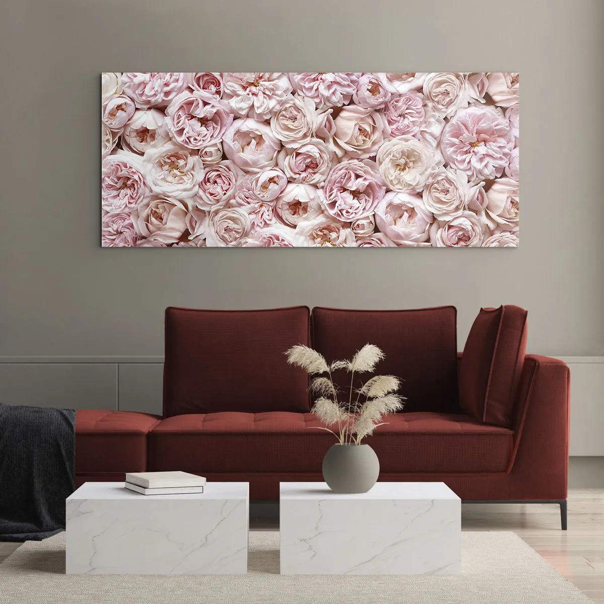 Glasbild - Bild auf glas - Zarte Rosen in Rosatönen auf der gesamten Oberfläche - 160x50cm - Auf Rosen gebettet - Moderne Wanddekoration für Wohnzimmer und Schlafzimmer ARTTOR