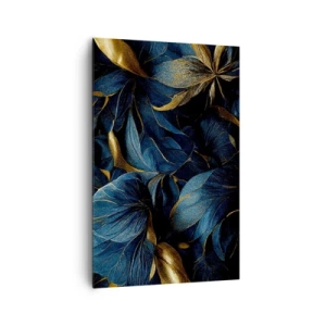 Bild auf Leinwand - Leinwandbild - Elegante Blätter in Gold- und Marineblautönen - 80x120cm - Mit Gold gefüttert - Moderne Wanddekoration für Wohnzimmer und Schlafzimmer ARTTOR