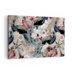 Bild auf Leinwand - Leinwandbild - Eine Landschaft mit Pfauenfedern, Rosen und Vögeln im romantischen Stil. - 120x80cm - Im Schlossgarten - Moderne Wanddekoration für Wohnzimmer und Schlafzimmer ARTTOR