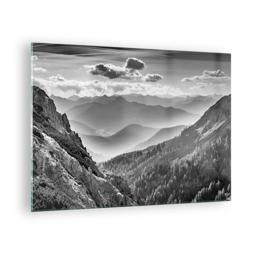 Glasbild - Bild auf glas - Schwarz-weißes Bergpanorama mit Blick ins Tal - 70x50cm - Bis zum Horizont - Moderne Wanddekoration für Wohnzimmer und Schlafzimmer ARTTOR