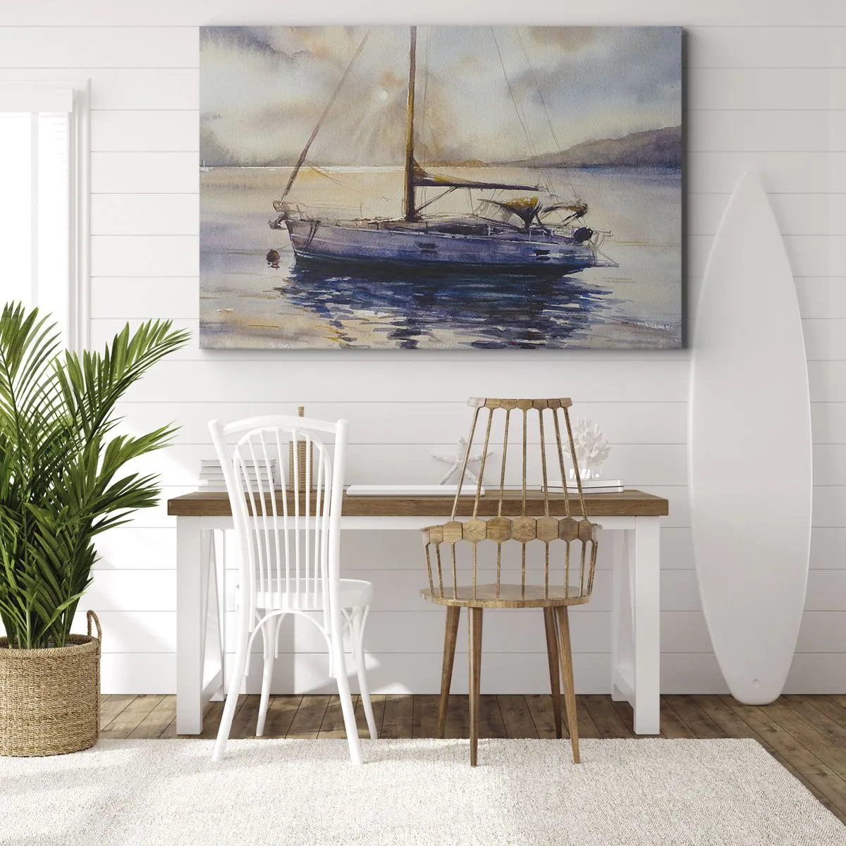 Bild auf Leinwand - Leinwandbild - Eine Yacht auf ruhigem Meer bei Sonnenuntergang - 70x50cm - Abend in der Bucht - Moderne Wanddekoration für Wohnzimmer und Schlafzimmer ARTTOR