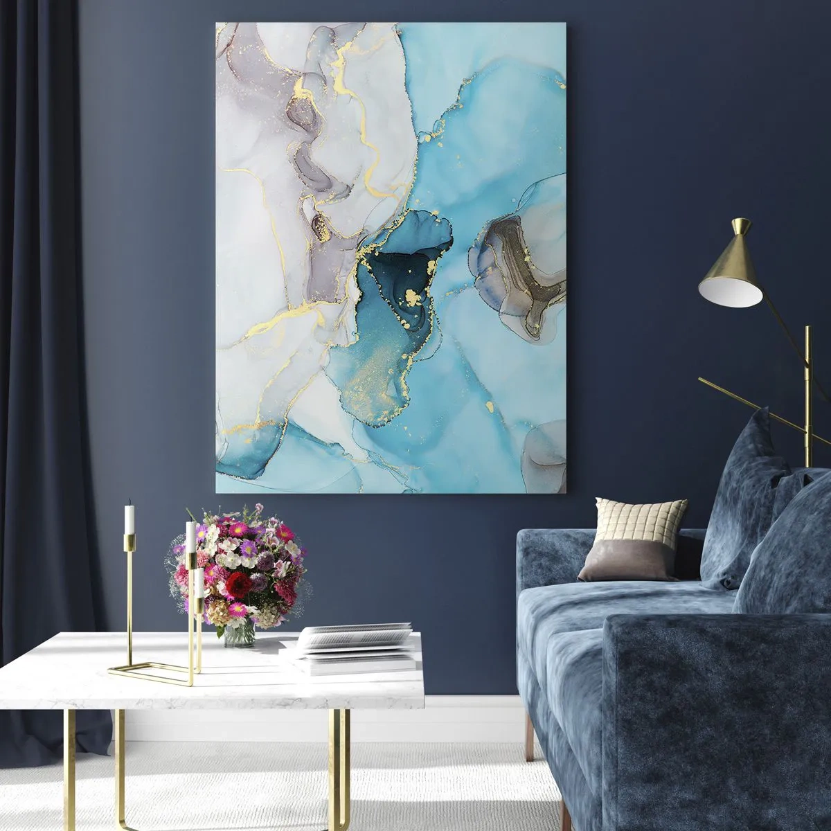 Glasbild - Bild auf glas - Abstraktion in Blau- und Goldtönen mit subtilen Linien - 70x100cm - Eine Studie über das Zusammentreffen von Grau und Türkis - Moderne Wanddekoration für Wohnzimmer und Schlafzimmer ARTTOR