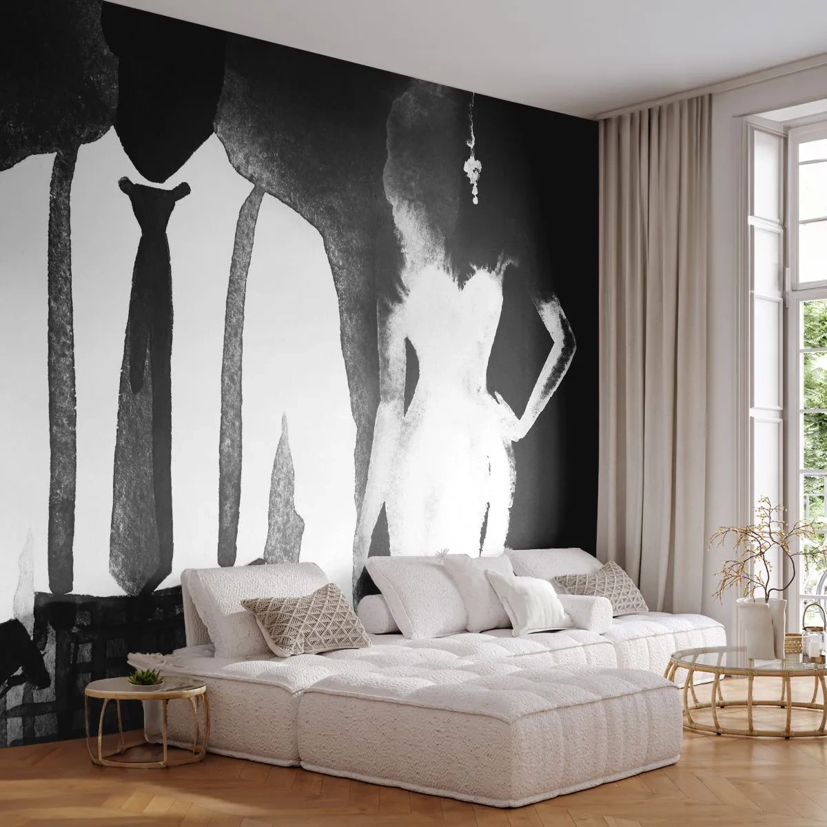 Fototapete Premium Sand - Stilvolle Silhouette einer Frau und eines Mannes in Schwarz und Weiß - 100x70cm - In Noir-Atmosphäre - Moderne Wanddekoration für Wohnzimmer und Schlafzimmer ARTTOR