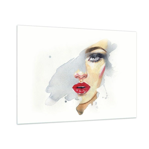 Glasbild - Bild auf glas - Aquarellporträt einer Frau mit roten Lippen - 100x70cm - Abspiegeln in einem Wassertropfen - Moderne Wanddekoration für Wohnzimmer und Schlafzimmer ARTTOR