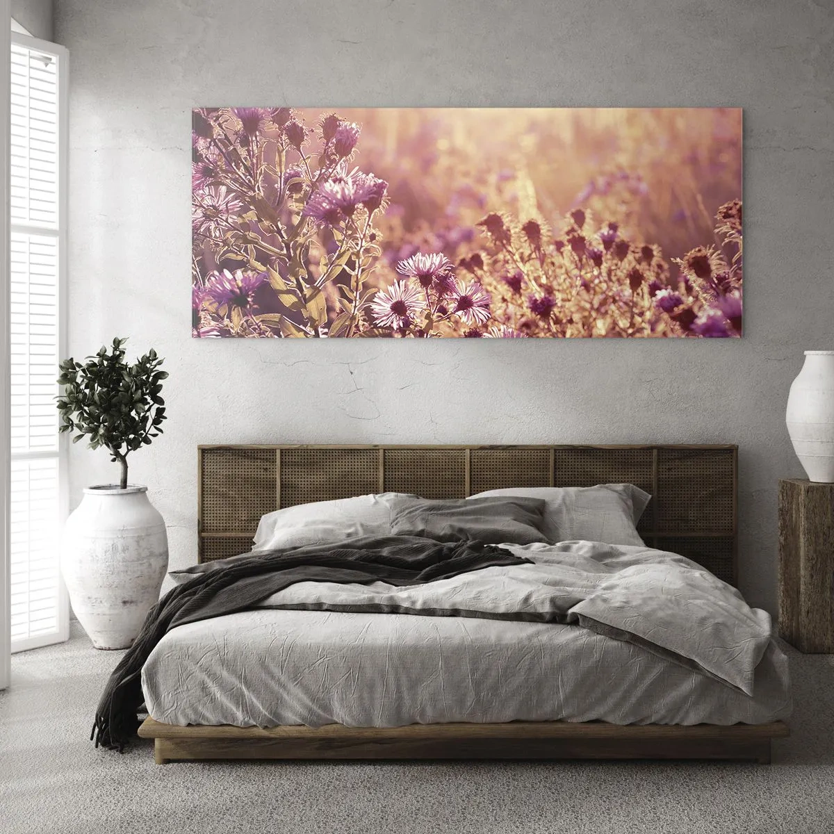 Glasbild - Bild auf glas - Wiese im Licht der untergehenden Sonne - 140x50cm - Bevor der Sommer vorbei ist - Moderne Wanddekoration für Wohnzimmer und Schlafzimmer ARTTOR