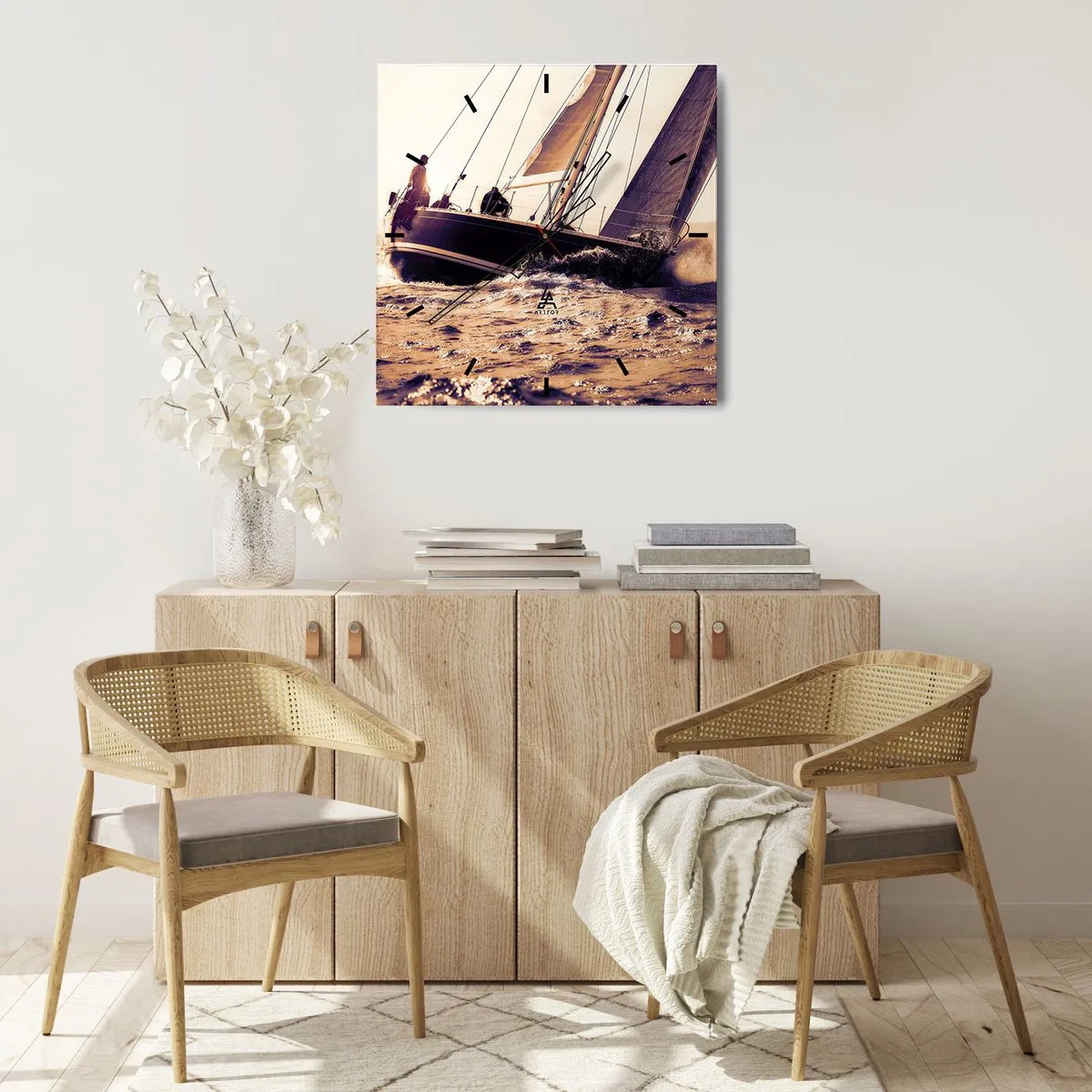 Wanduhr - Glasuhr - Eine Yacht auf stürmischer See im Licht der untergehenden Sonne - 30x30cm - Segle, Seemann - Moderne Wanddekoration für Wohnzimmer und Schlafzimmer ARTTOR