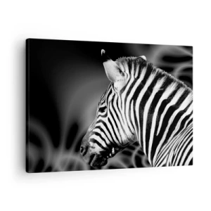 Bild auf Leinwand - Leinwandbild - Schwarz-Weiß-Porträt eines Zebras vor einem Hintergrund abstrakter Muster. - 70x50cm - Weiß ist weiß und schwarz ist schwarz - Moderne Wanddekoration für Wohnzimmer und Schlafzimmer ARTTOR