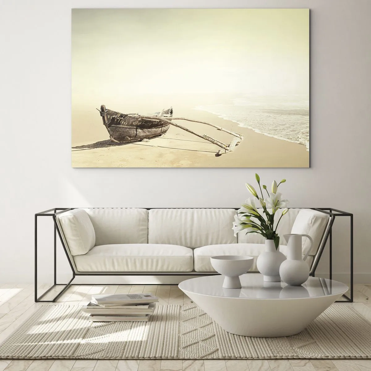 Glasbild - Bild auf glas - Ein altes Fischerboot auf dem Sand an der Küste - 70x50cm - Erinnerung an die Südsee - Moderne Wanddekoration für Wohnzimmer und Schlafzimmer ARTTOR
