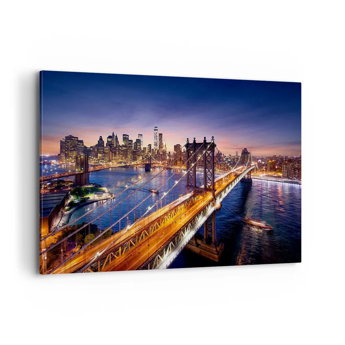 Bild auf Leinwand - Leinwandbild - Die Brücke und das Stadtpanorama bei Sonnenuntergang - 120x80cm - Eine leuchtende Brücke zum Herzen der Stadt - Moderne Wanddekoration für Wohnzimmer und Schlafzimmer ARTTOR