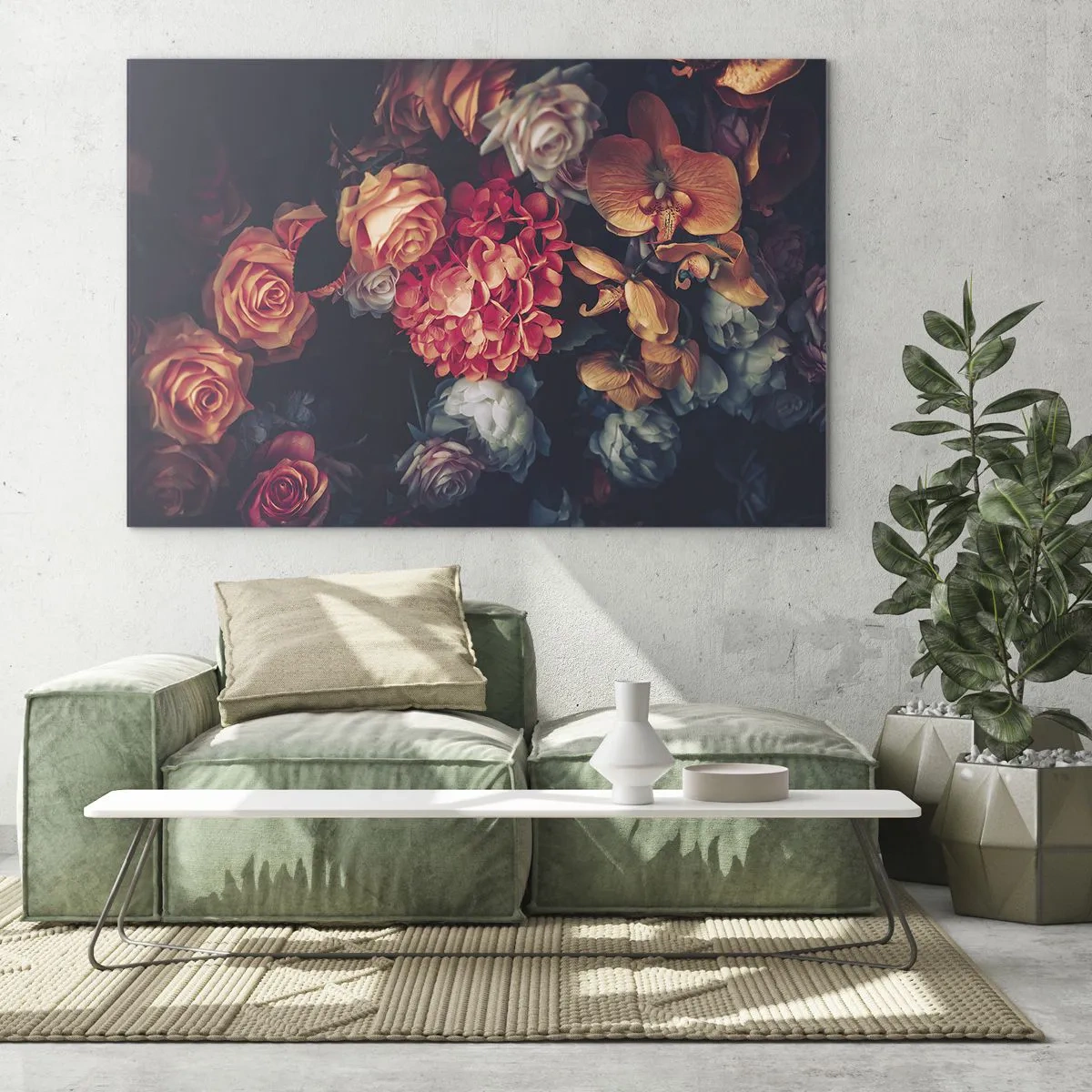 Glasbild - Bild auf glas - Dunkles Blumenarrangement mit Rosen und Orchideen - 70x50cm - Wie bei den holländischen Meistern - Moderne Wanddekoration für Wohnzimmer und Schlafzimmer ARTTOR
