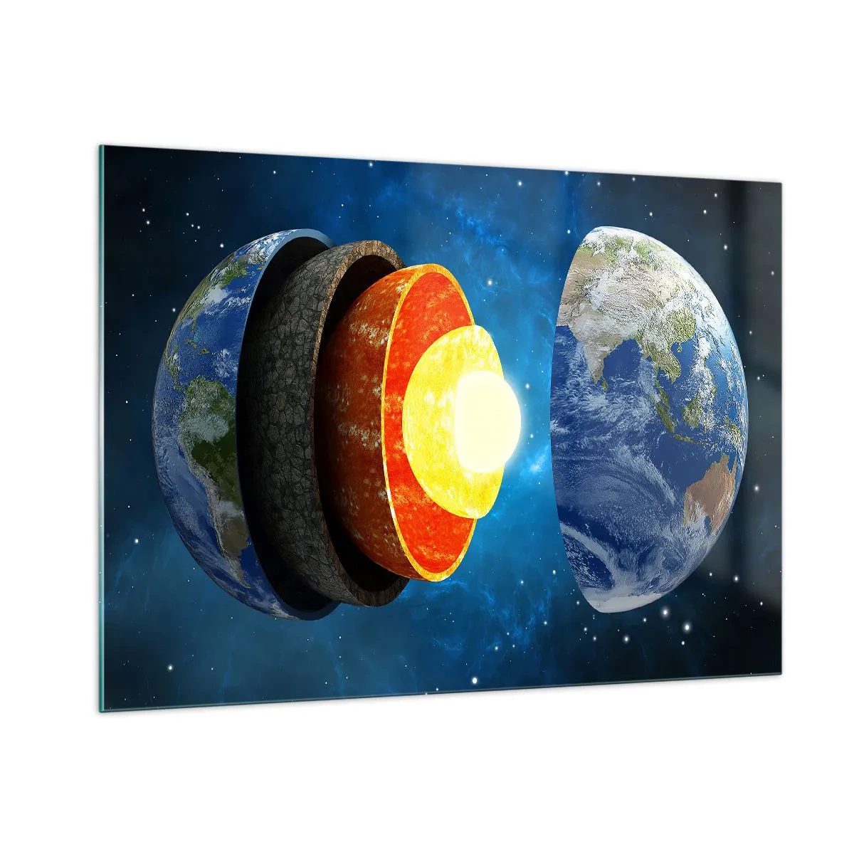 Glasbild - Bild auf glas - Ein Querschnitt der Erde, der ihre Schichten vor dem Hintergrund des Weltraums zeigt. - 100x70cm - Reise zum Mittelpunkt der Erde - Moderne Wanddekoration für Wohnzimmer und Schlafzimmer ARTTOR