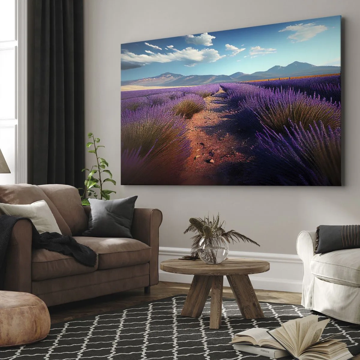 Bild auf Leinwand - Leinwandbild - Ein Lavendelfeld mit Blick auf die Berge und den blauen Himmel - 120x80cm - Duftende Felder - Moderne Wanddekoration für Wohnzimmer und Schlafzimmer ARTTOR