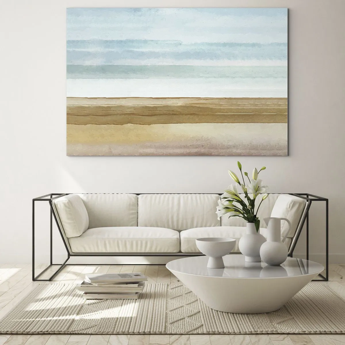 Glasbild - Bild auf glas - Ein minimalistischer Strand im pastellfarbenen Aquarellstil - 100x70cm - Trost - Moderne Wanddekoration für Wohnzimmer und Schlafzimmer ARTTOR