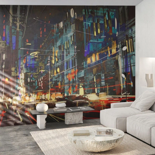 Fototapete Premium Canvas - Abendlicher Straßentrubel - Stadt, Die Architektur, Nachtleben - 350x256 cm