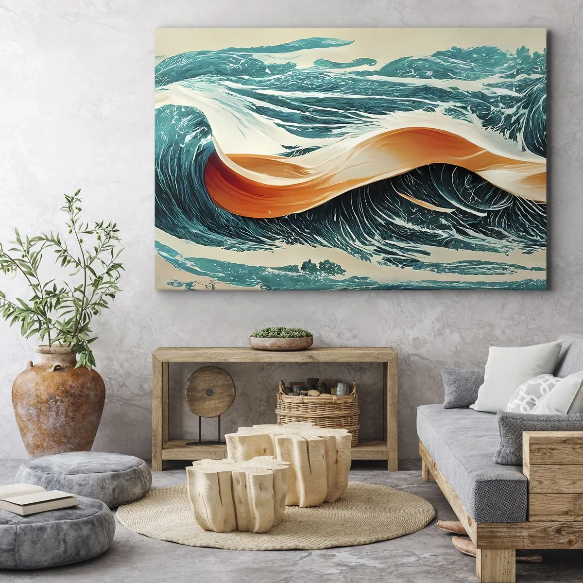 Bild auf Leinwand - Leinwandbild - Dynamische Meereswellen mit abstraktem Band - 100x70cm - Traum eines Surfers - Moderne Wanddekoration für Wohnzimmer und Schlafzimmer ARTTOR