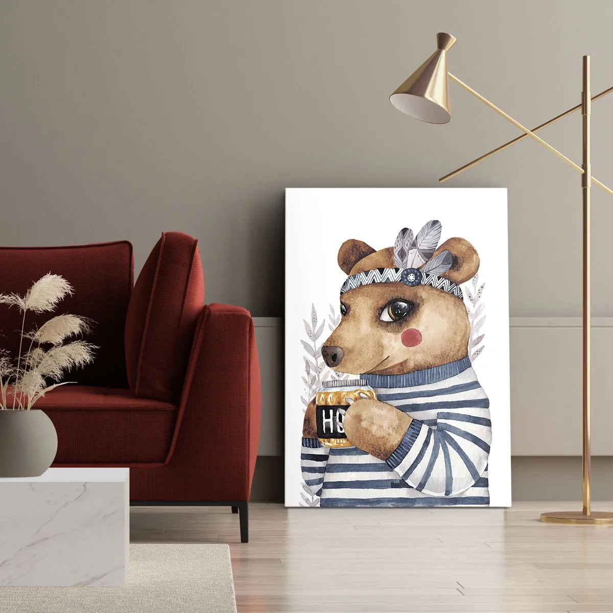 Bild auf Leinwand - Leinwandbild - Ein Teddybär im gestreiften Pullover mit einer Tasse Honig - 50x70cm - Süße Bärin - Moderne Wanddekoration für Wohnzimmer und Schlafzimmer ARTTOR