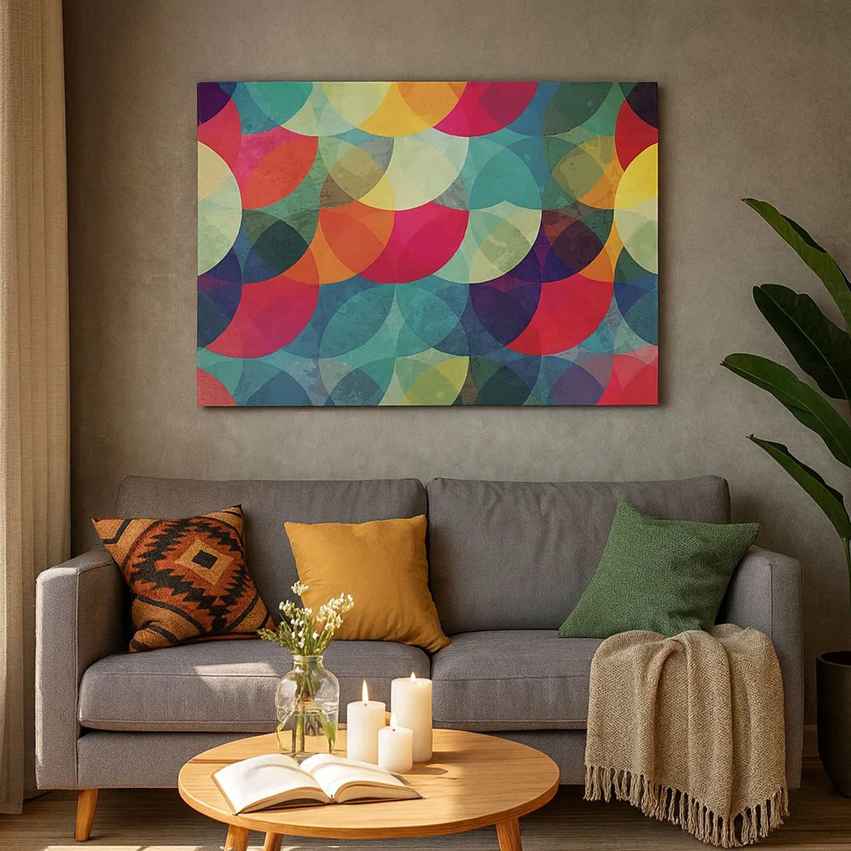Bild auf Leinwand - Leinwandbild - Bunte geometrische Muster aus Kreisen und Halbkreisen - 70x50cm - Aufstieg zum Regenbogen - Moderne Wanddekoration für Wohnzimmer und Schlafzimmer ARTTOR