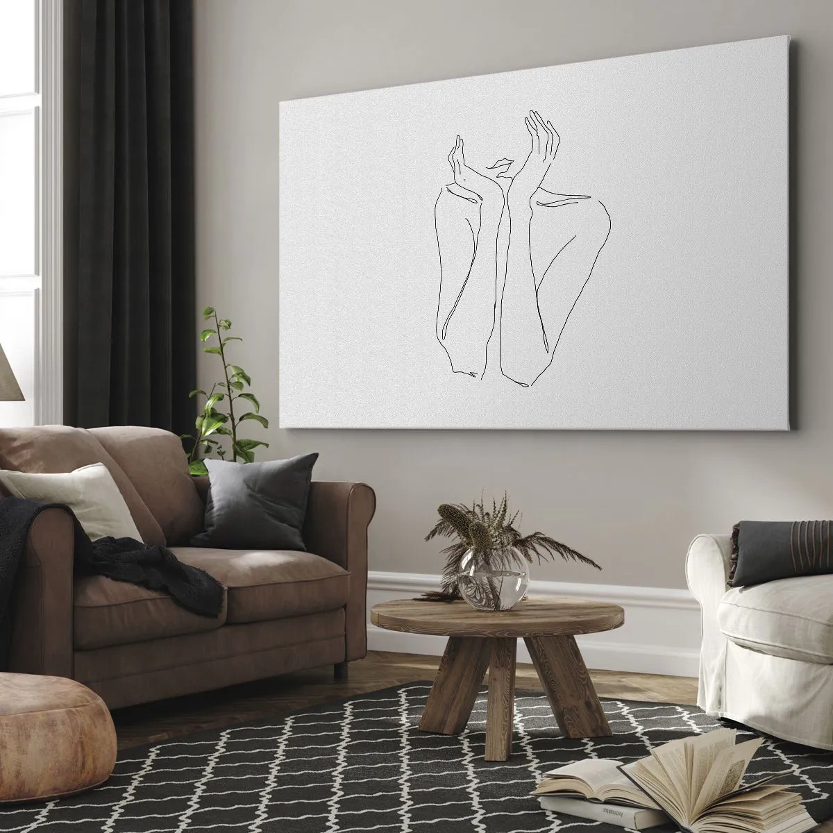 Bild auf Leinwand - Leinwandbild - Minimalistische Strichzeichnung von Gesicht und Händen - 70x50cm - Wovon Mädchen träumen - Moderne Wanddekoration für Wohnzimmer und Schlafzimmer ARTTOR
