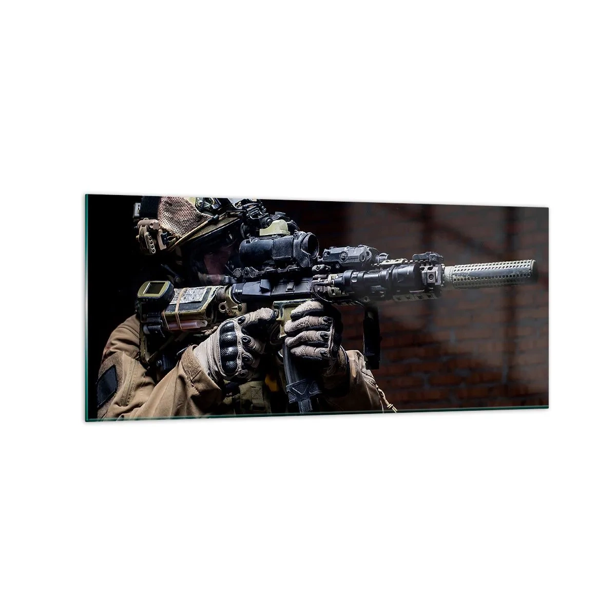 Glasbild - Bild auf glas - Ein Soldat in voller Montur mit einem Gewehr - 120x50cm - Tödlich wirksam - Moderne Wanddekoration für Wohnzimmer und Schlafzimmer ARTTOR