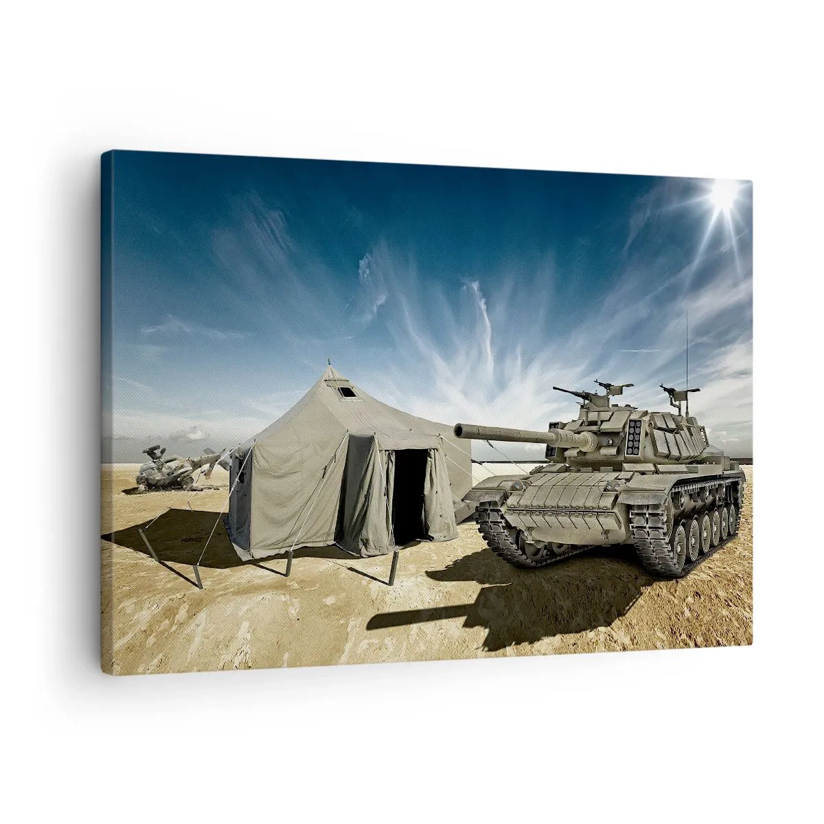 Bild auf Leinwand - Leinwandbild - Ein Panzer neben einem Militärzelt in einer Wüstengegend - 70x50cm - Ein militärischer Traum - Moderne Wanddekoration für Wohnzimmer und Schlafzimmer ARTTOR