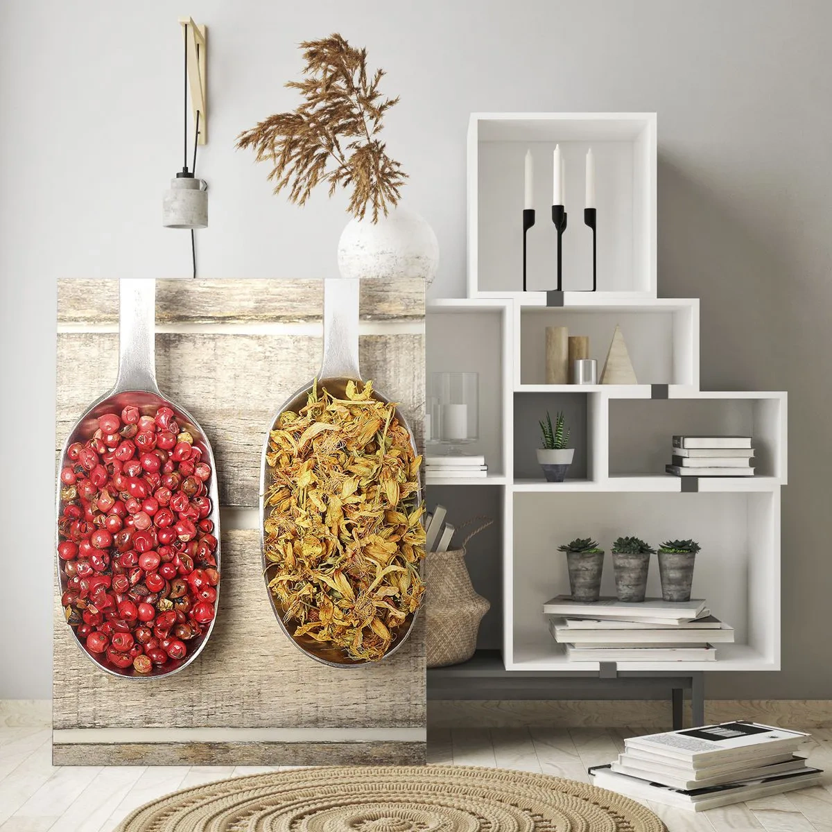 Glasbild - Bild auf glas - Drei Metalllöffel mit Gewürzen auf einem hölzernen Hintergrund - 80x120cm - Küchenzauber - Moderne Wanddekoration für Wohnzimmer und Schlafzimmer ARTTOR