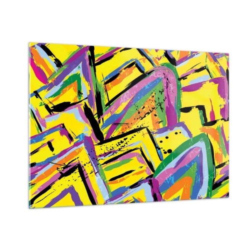 Glasbild - Bild auf glas - Intensive Abstraktion in leuchtenden Farben auf gelbem Hintergrund - 100x70cm - Bis sie vor Freude schreit - Moderne Wanddekoration für Wohnzimmer und Schlafzimmer ARTTOR