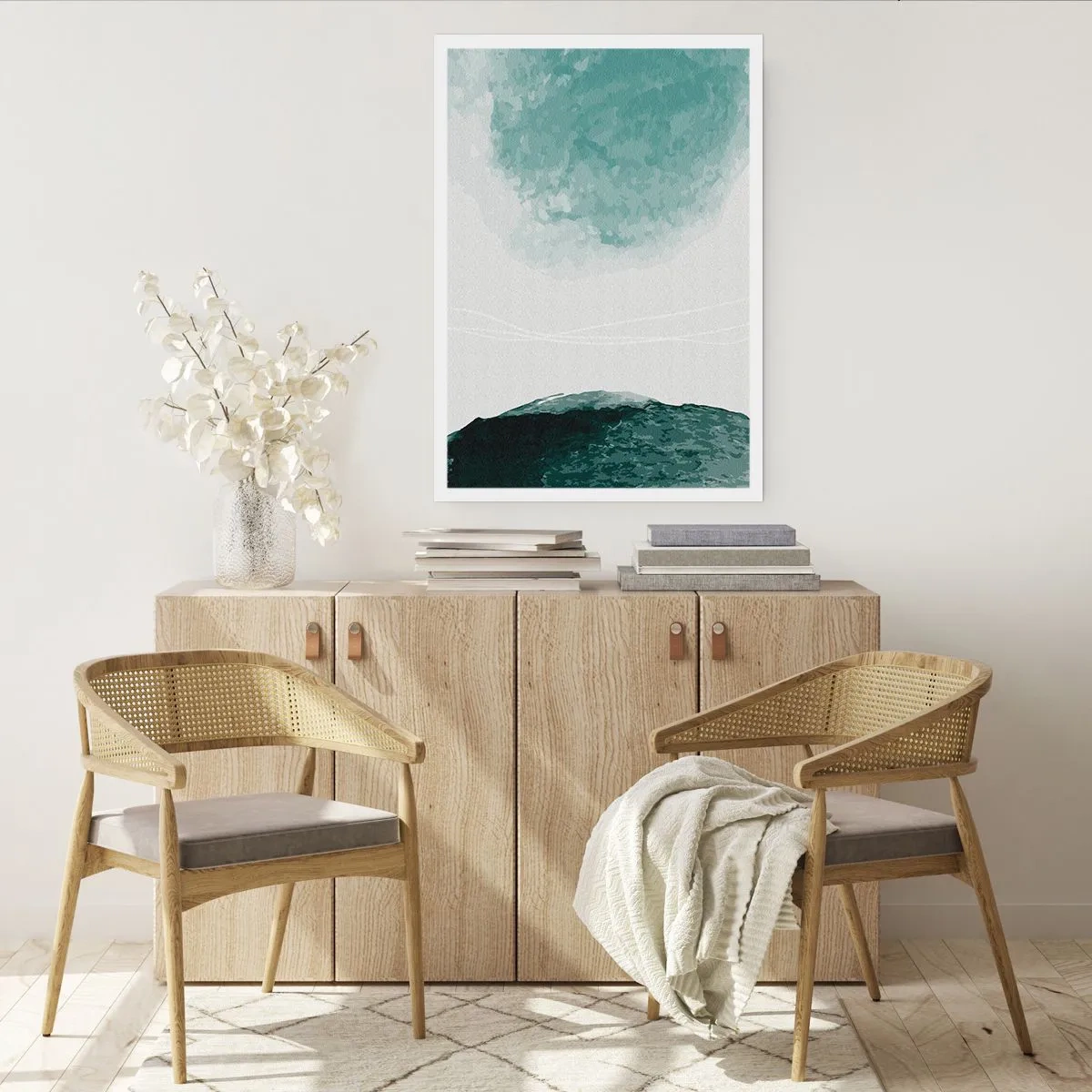 Poster - Abstrakte Landschaft in Grün- und Weißtönen - 50x70cm - Begegnung mit Nebel - Moderne Wanddekoration für Wohnzimmer und Schlafzimmer ARTTOR